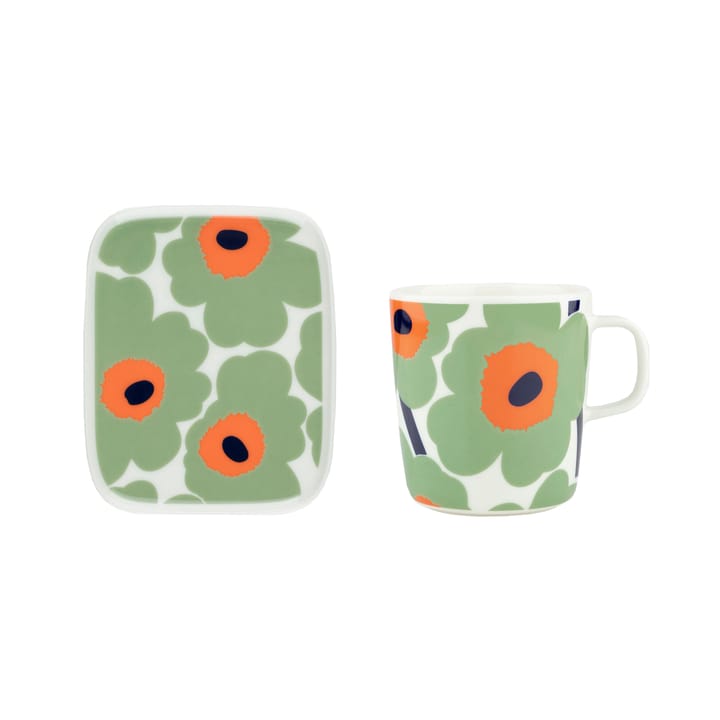 Tazza Unikko 40 cl + piatto 12x15 cm - White-sage-orange-dark blue - Marimekko