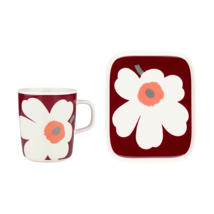 Tazza Unikko per il 60° anniversario 25 cl + piatto 12x15 cm - White-dark cherry-ash grey - Marimekko