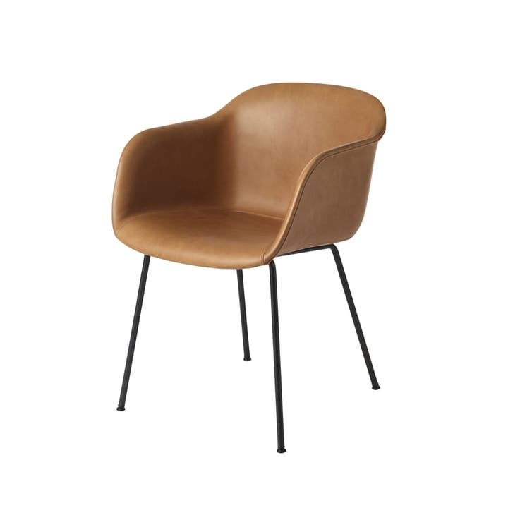 Sedia con braccioli tube base Fiber - Pelle cognac lavorata con metodo Refine, nero - Muuto