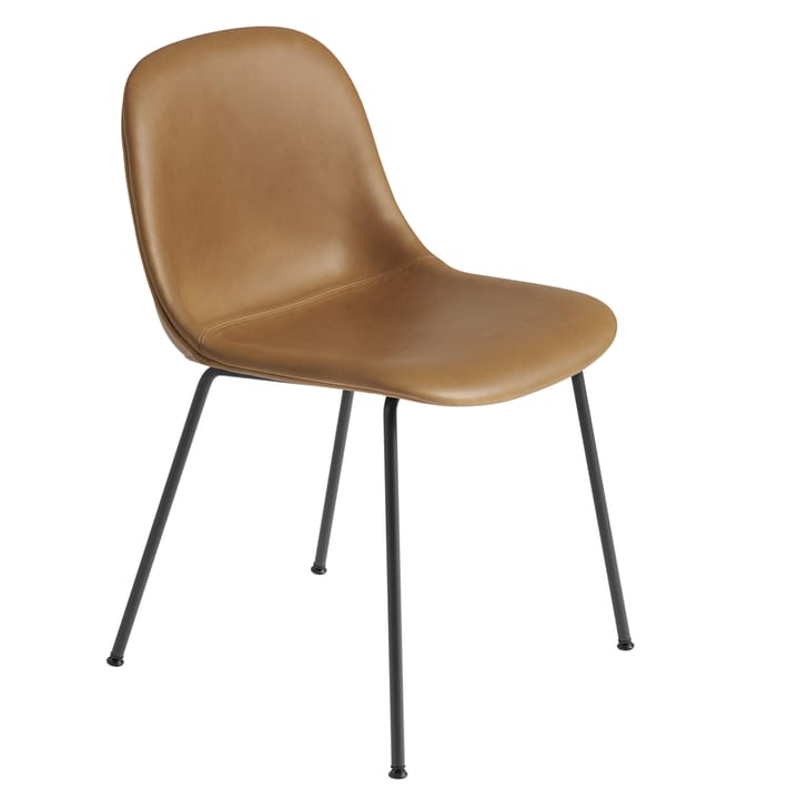 Sedia Fiber Side con gambe in metallo, Pelle lavorata con metodo Refine, cognac-nero Muuto