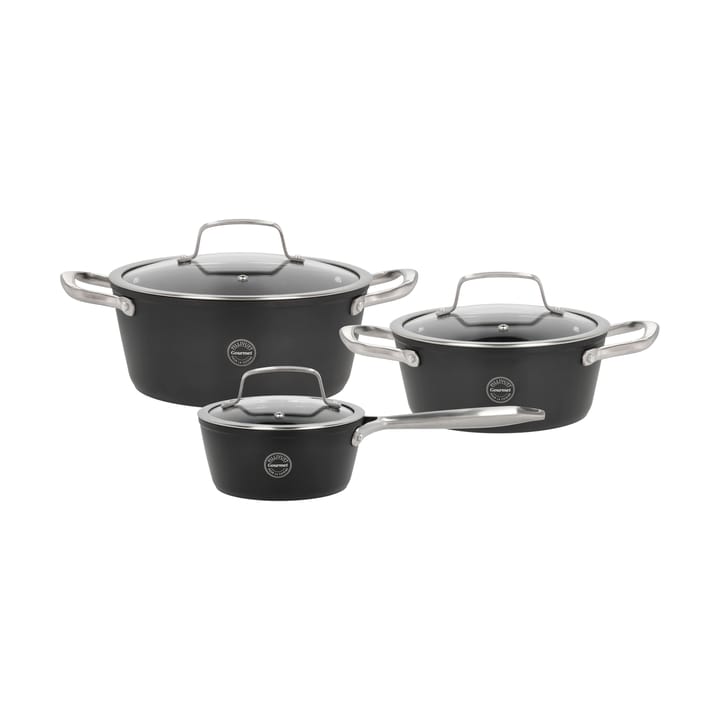 Casseruola set con coperchio in vetro Travo 6 pezzi, Nero-alluminio Pillivuyt