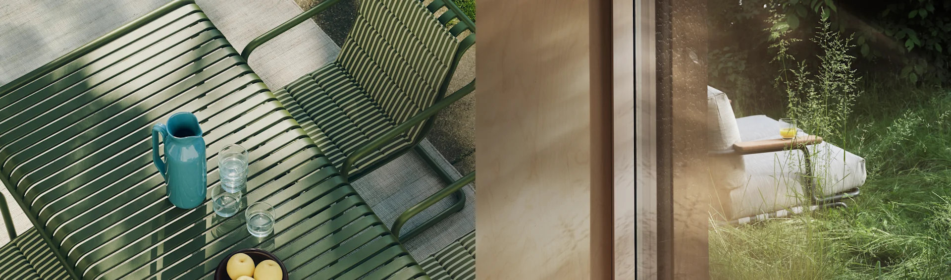 Immagine divisa: tavolo da esterno a doghe verdi con brocca, bicchieri e frutta. A destra: sedia a sdraio bianca in un giardino verde vista da una finestra.