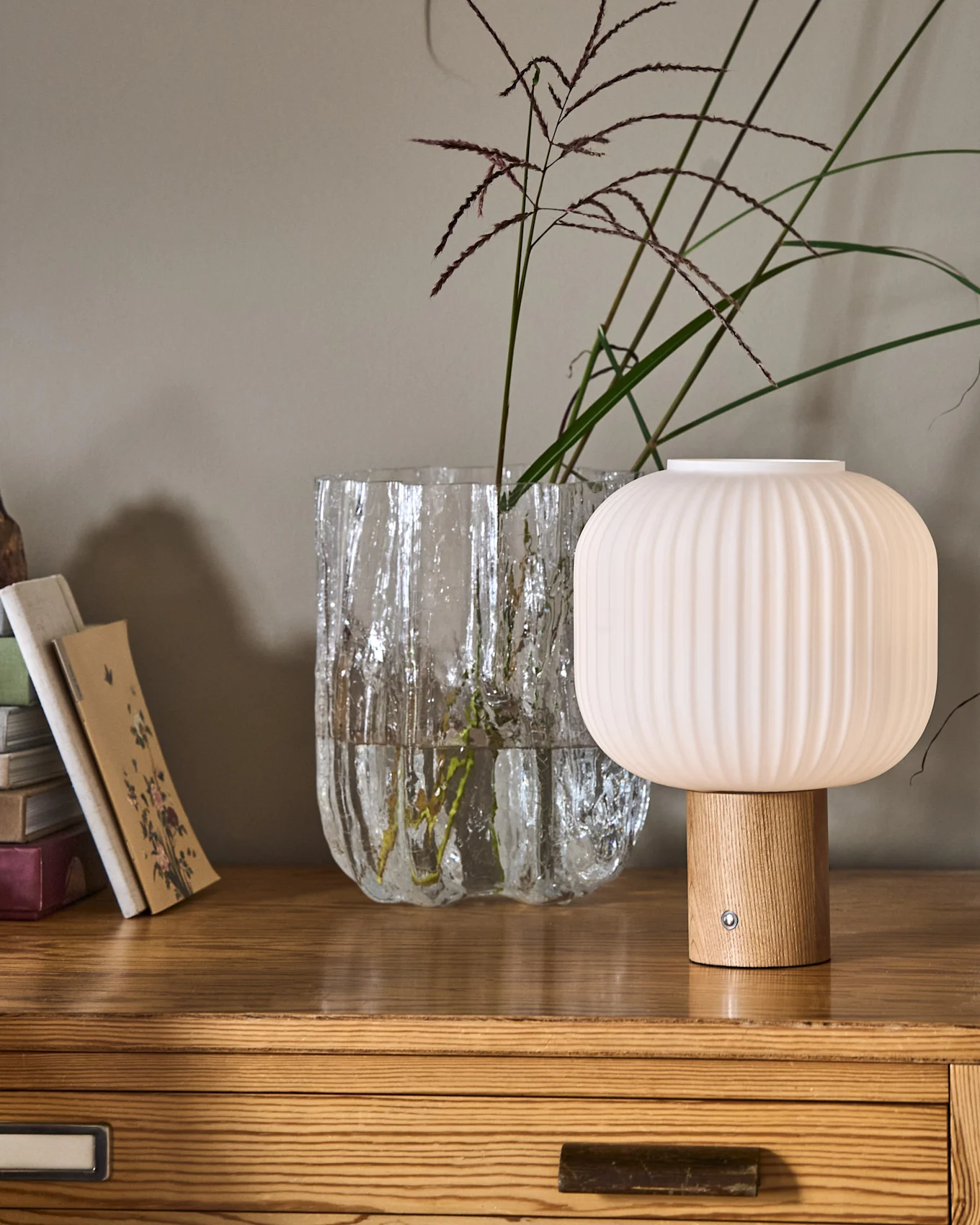 Una lampada a coste a forma di fungo con base in legno accanto a un vaso di vetro testurizzato con piante e una pila di libri su un comò di legno.