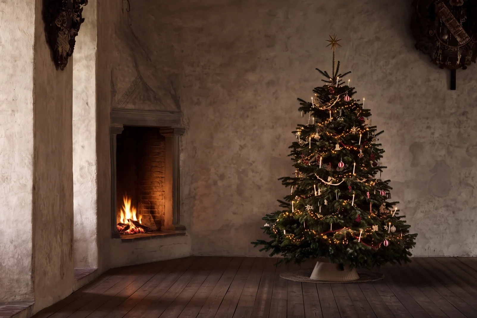 Un albero di Natale decorato con candele accese e ornamenti in una stanza rustica con camino e pavimenti in legno.