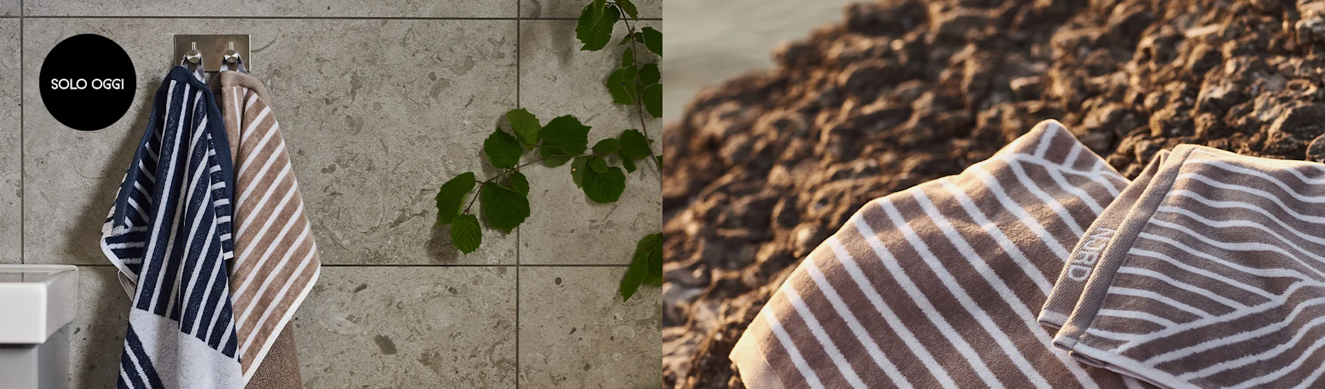 Asciugamani a righe blu e beige appesi in un bagno; altri due beige su rocce. In alto a sinistra, "SOLO OGGI".
