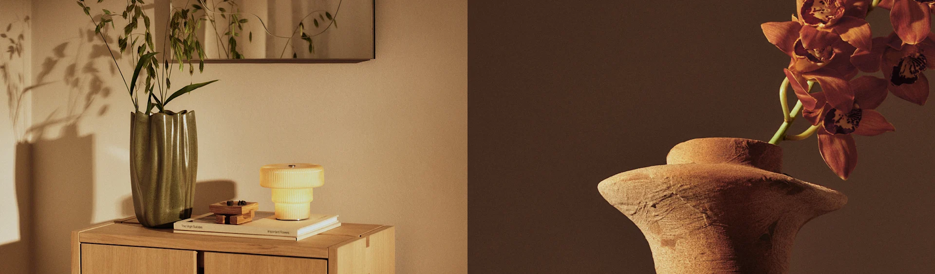 Due vasi espongono piante, un vaso verde con fogliame su un mobile accanto a una lampada gialla e un vaso in terracotta con orchidee arancioni.