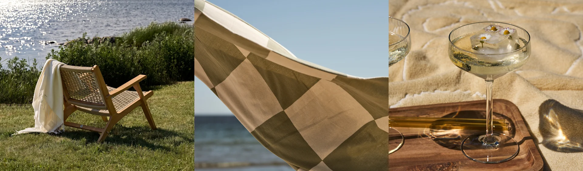 Trittico: sedia con coperta vicino all'acqua, tessuto a quadri contro il cielo e bevande con ghiaccio floreale su coperta da picnic.
