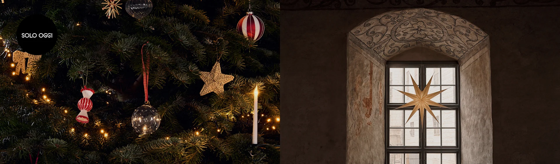 Un albero di Natale con luci, ornamenti rossi e bianchi e un'etichetta "TODAY ONLY", accanto a una finestra ad arco antica con una grande stella dorata.
